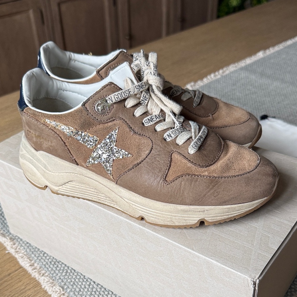 Golden Goose Running Sneaker Brown and White Sneakers with Glitter Star
